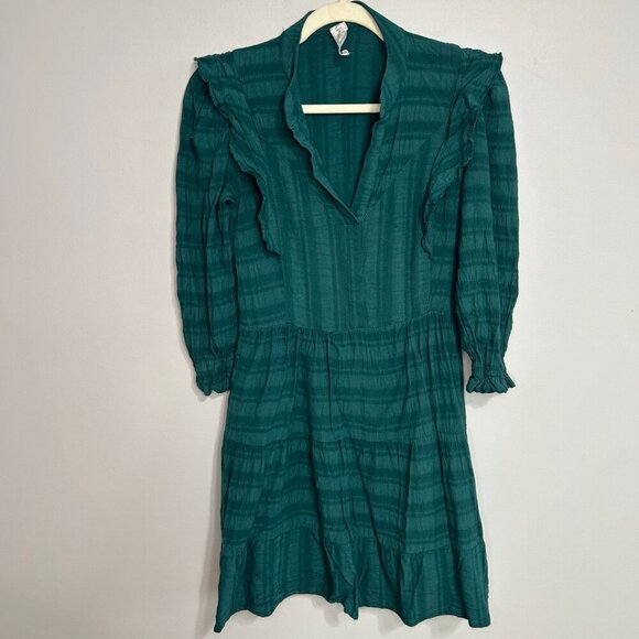 Anthropologie Amadi Rossi Teal Blue Ruffle Mini Long Sleeve Dress Size XS - Picture 3 of 8